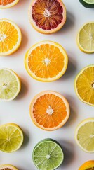 Obraz premium Sliced Citrus, variety of citrus fruits such as oranges lemons and limes on a white background, generative AI, background image