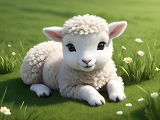 Obraz premium Sweet Baby Lamb Resting in Green Grass, Adorable Cartoon Lamb in Grass Field, Cute baby animal wallpaper, Cute baby animals for kid's room wall art, wall decoration arts for kid's room