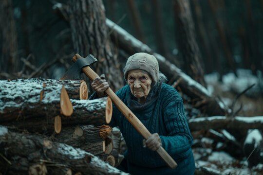 Vieille femme coupant du bois à la hache » IA générative