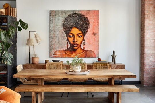 Bohemian Wall Art and Wooden Dining Table in a Chic Living Space