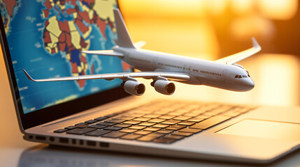 White model of airplane and persons on laptop.
