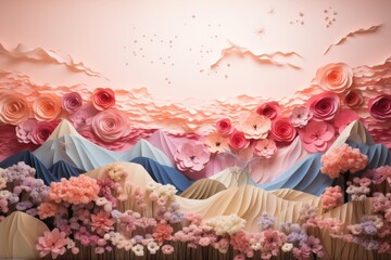 Paper artistry with a landscape background, featuring delicately folded paper mountains, Generative AI