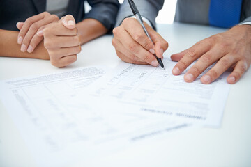 Closeup, hands and business people with documents, finance or contract for b2b deal or onboarding....