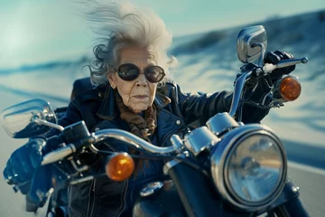 Papier Peint photo Lavable Navire Portrait d'une vieille femme qui fait de la moto » IA générative