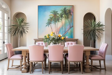 Fototapeta premium Pastel Elegance: Mediterranean Dining Room Ideas with Leather Seat Chairs