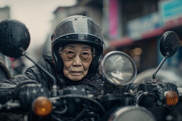 Portrait d'une vieille femme sur une moto &raquo; IA g&eacute;n&eacute;rative