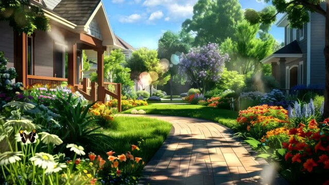 Blooms and Sunshine: Exploring the Garden Pathway on a Spring Day in the Frontyard. Cozy Atmosphere Seamless looping 4k time-lapse virtual video animation background