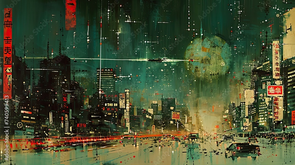 Poster matrix code core futuristic silkscreen printing technology in the style of edo period wooden block p