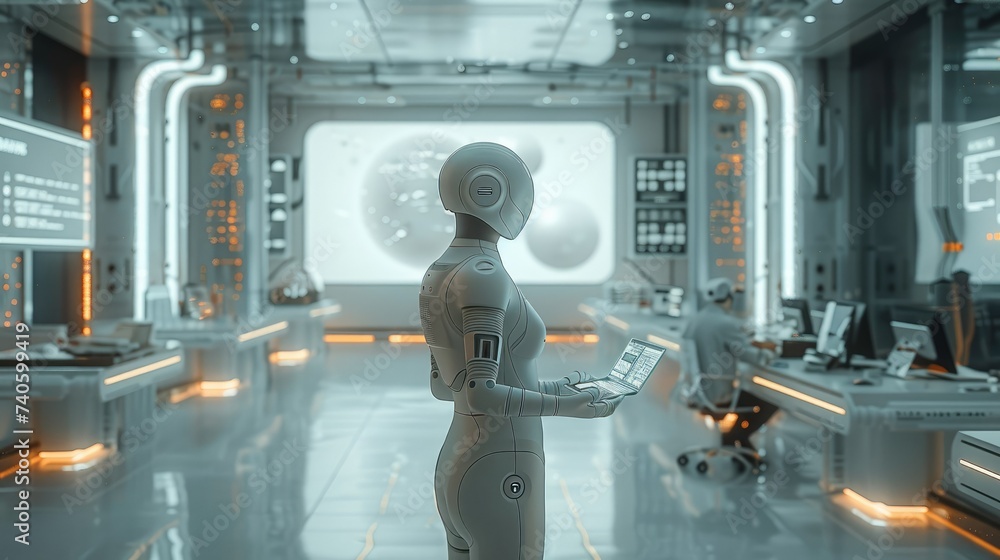 Poster An office with a mixture of people and artificial intelligence working. Generative AI.