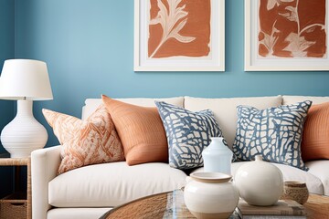 Fototapeta na wymiar Coastal Living Room: Terra Cotta Pillow Accents + Blue Wall Design Elegance
