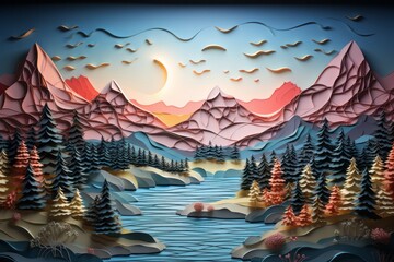 Dive into the world of paper artistry with a landscape background, featuring meticulously crafted paper mountains, Generative AI 