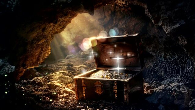 Luminous Loot: Pirates' Treasure Chest Illuminated in the Cave's Glow. Fantasy background, motion seamless looping 4K Footage Animation