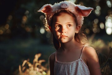 Portrait d'une jeune fille avec un chapeau en forme de cochon » IA générative