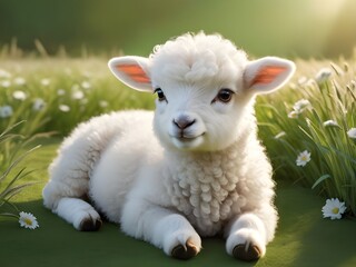 Obraz premium Sweet Baby Lamb Resting in Green Grass, Adorable Cartoon Lamb in Grass Field, Cute baby animal wallpaper, Cute baby animals for kid's room wall art, wall decoration arts for kid's room