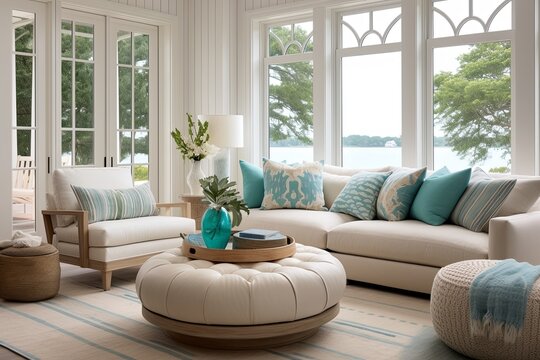 Coastal Style Living Room Interiors: Perfect Decor, Round Table, and Textile Accents