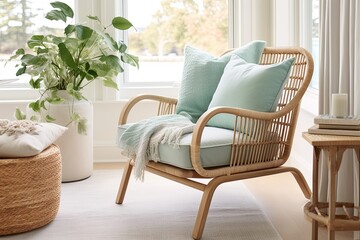Mint colored chair meets rattan rug: Coastal vibes in the living room