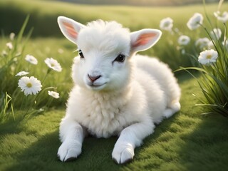 Sweet Baby Lamb Resting in Green Grass, Adorable Cartoon Lamb in Grass Field, Cute baby animal wallpaper, Cute baby animals for kid's room wall art, wall decoration arts for kid's room