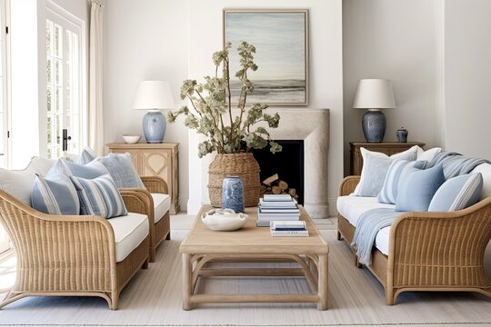 Rattan Coastline Haven: Coastal-Inspired Rustic Scandinavian Living Room in Blue and White