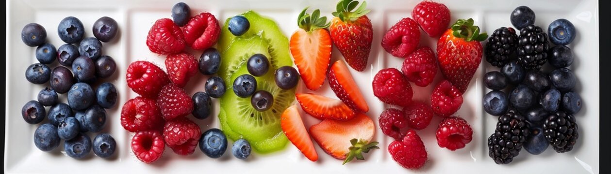 Berry medley, assortment of fresh berries including strawberries blueberries raspberries and blackberries, generative AI, background image