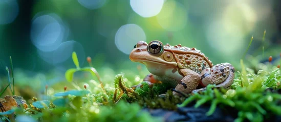 Foto op Canvas Serene green frog sitting calmly on the ground with its eyes wide open © AkuAku