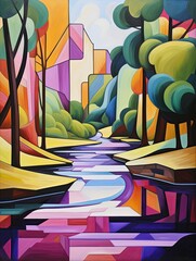Cubist Riverside Reflections: Contemporary Stream and Brook Art