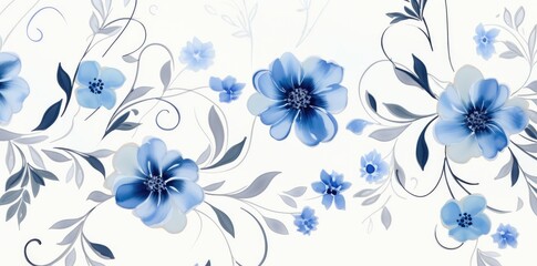 Ethereal Blue Blossoms: Artistic Botanical Pattern for Elegant Decor - Generative AI