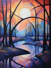 Twilight Landscape: Contemporary Cubism Artworks - Dawn Painting, Cubist Daybreak