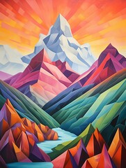 Contemporary Cubism Peaks: Valley and Mountain Landscape Artworks