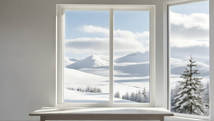 White window, resting on a white wooden table. A framed picture of a snowy landscape serves as the background.