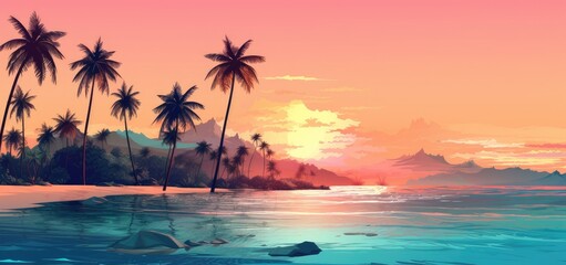 Fototapeta na wymiar Dreamy Tropical Beach at Sunset with Silhouetted Palm Trees - Generative AI