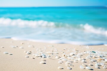 Fototapeta na wymiar Serenity on the Shore: A Close-Up of Seashells on Pristine Beach Sands - Generative AI