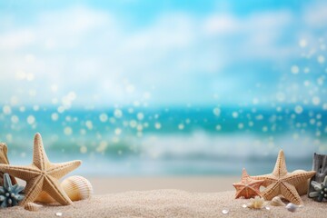 Fototapeta na wymiar Coastal Whispers: Starfish and Seashells Adorning the Sandy Beach - Generative AI
