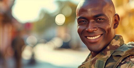 Smiling Soldier in Camouflage. A smiling black military man in uniform enjoys a sunny day outdoors. - obrazy, fototapety, plakaty