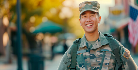Happy Asian American Soldier. A joyful Asian American soldier with a backpack, in uniform, stands before an American flag. - obrazy, fototapety, plakaty
