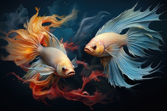 Graceful Dance of the Siamese Fighting Fish in Vivid Aquatic Hues - Generative AI