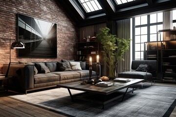 Fototapeta premium Contemporary Loft Living Room with Grey Sofa, Black Coffee Table, and Art Deco Elements