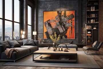 Contemporary Loft Living Room Designs: Black Coffee Table, Grey Sofa, Art Deco Elements Harmony