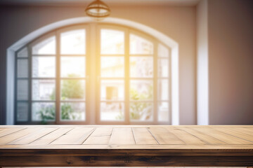 Fototapeta premium Wooden table in front of the blurred interior with window. Mock up.