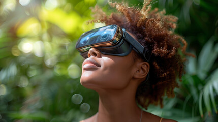 portrait of a woman in wearing VR glasses in nature and smiling