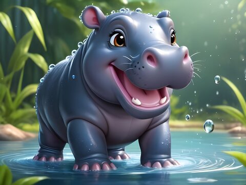 Cute baby hippo Playing with water in a pond filled with shimmering, oversized water droplets, cute baby animals for kid's room decoration, Kid's wall art, Cute  baby animals, Baby Hippopotamus
