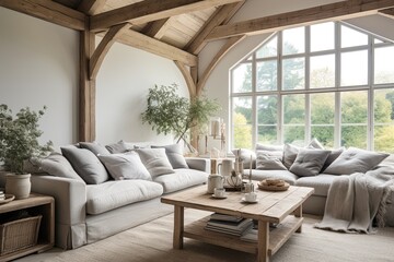 Chic Scandinavian Living Room with Rustic Country Style, Cozy Cushions, and Wooden Beams