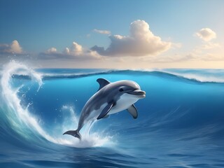 Fototapeta premium Cute Dolphin in Sparkling Waves, Cute Baby Dolphin Leaping in Sparkling Waves in the Ocean, cute baby animals for kid's room decoration, Kid's wall art, Cute beautiful baby animals, Cute baby Dolphin