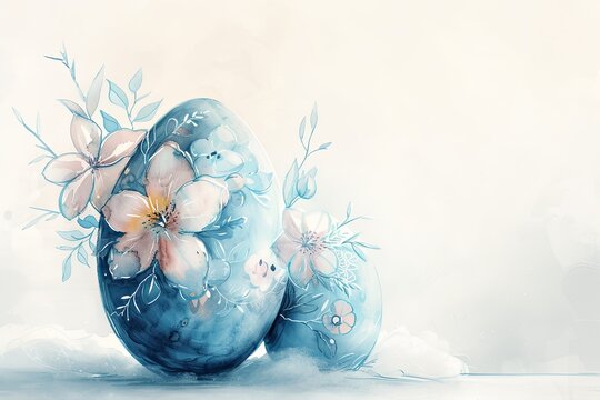 Easter background with egg and spring flowers in watercolour style