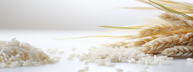 Grains and ears of rice on a light background