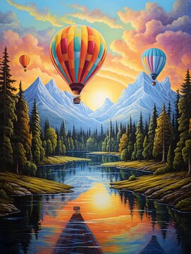 Dreamy Hot Air Balloon Riverside Reflections - Floating Over Rivers Image Painting