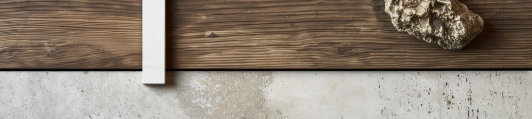 Mix of materials, piece of smoked oak wood, concrete and stone
