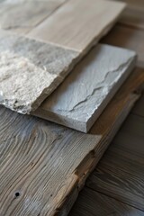 Fototapeta na wymiar Mix of materials, piece of smoked oak wood, concrete and stone