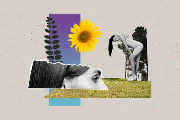 Collage image postcard of sightseeing young girlfriends in nature loves forest and beautiful...