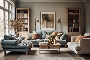 Velvet Elegance: Rustic Scandinavian Living Room with Brass Fixtures