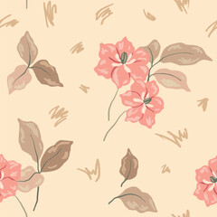 Seamless floral pattern, delicate ditsy print in neutral colors. Botanical design, abstract ornament: simple hand drawn lily flowers, leaves on a beige background. Vector illustration.